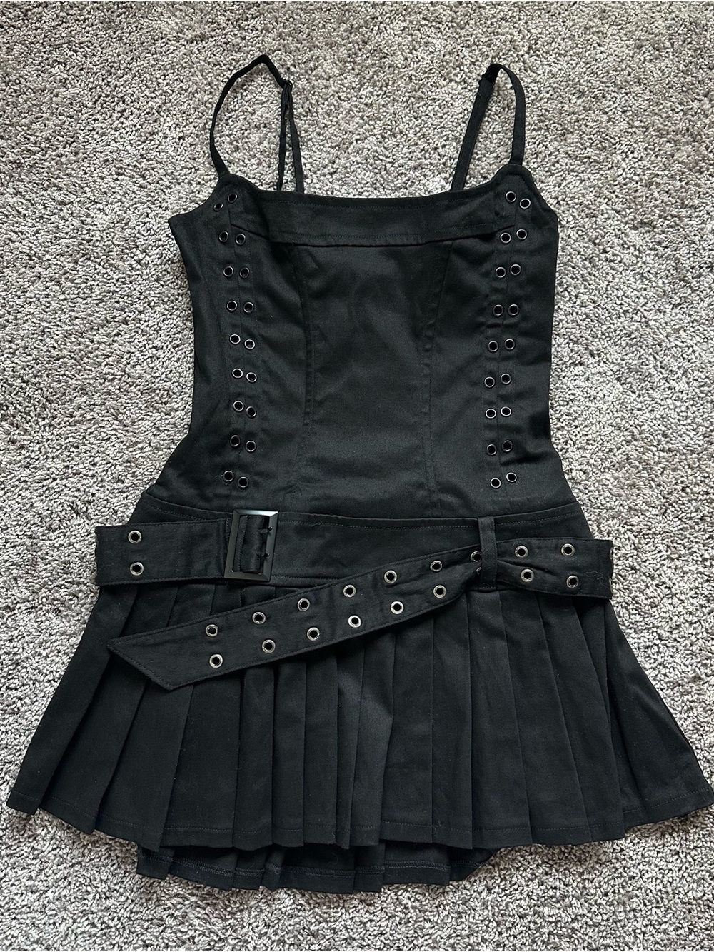 Dolls Kill Black Eyelet Belted Pleated Mini Dress